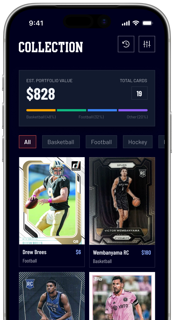 Hero collection screen showing estimated portfolio value, total cards and a grid of scanned sports cards